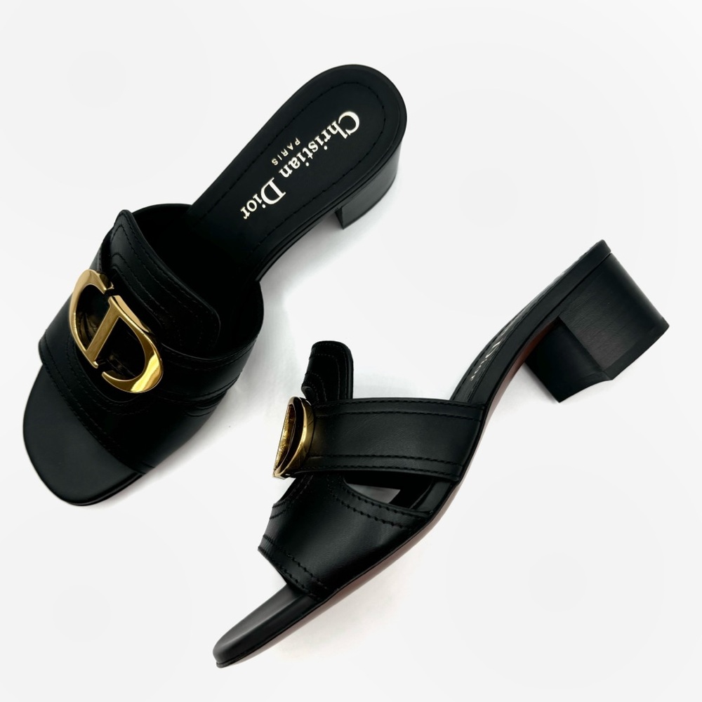 NEW Christian Dior Black Leather 30 CD Logo Montaigne Slide Heels Sandal Shoes
